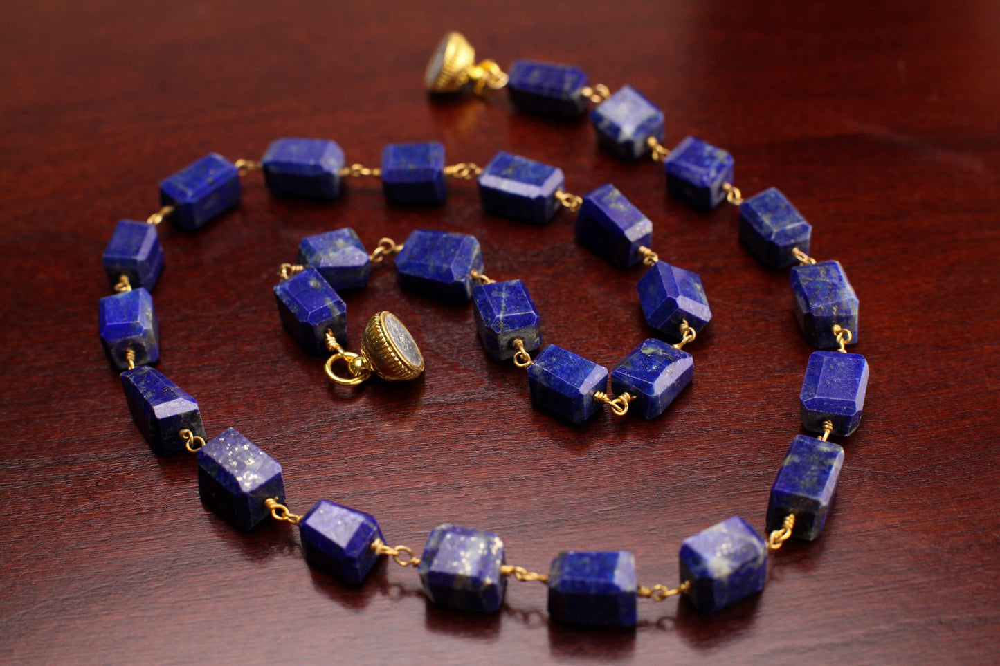 Genuine Lapis Lazuli Free Form Raw Faceted Rectangular 9-12mm Pillars Wire Wrapped gold Necklace Strong Magnetic Clasp,chakra healing gift