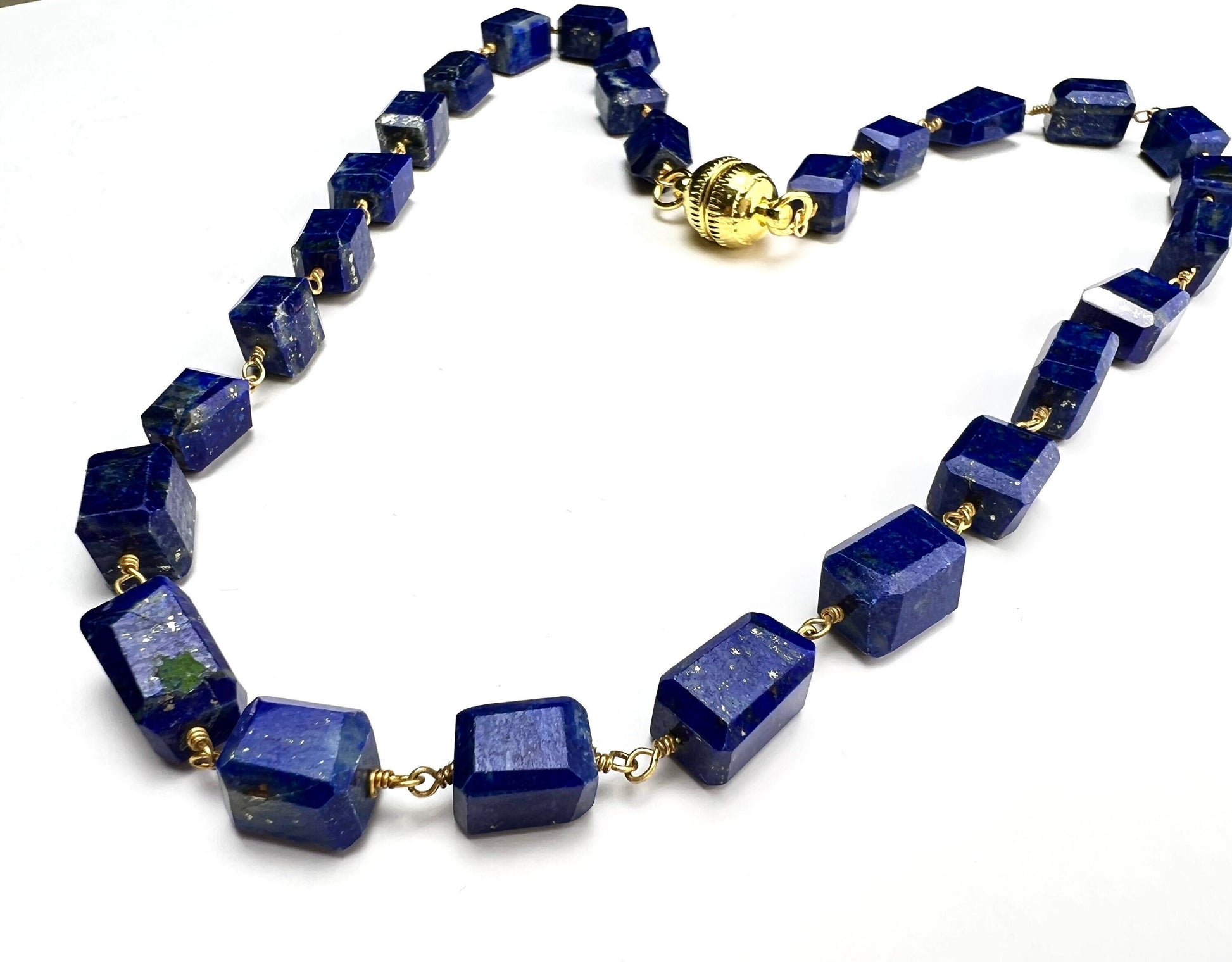 Genuine Lapis Lazuli Free Form Raw Faceted Rectangular 9-12mm Pillars Wire Wrapped gold Necklace Strong Magnetic Clasp,chakra healing gift