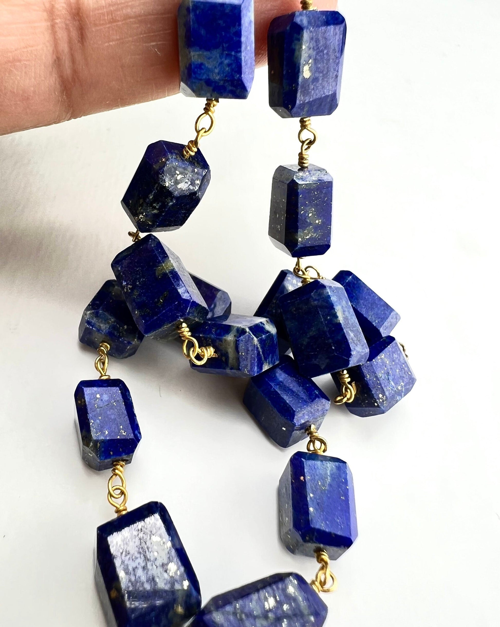 Genuine Lapis Lazuli Free Form Raw Faceted Rectangular 9-12mm Pillars Wire Wrapped gold Necklace Strong Magnetic Clasp,chakra healing gift