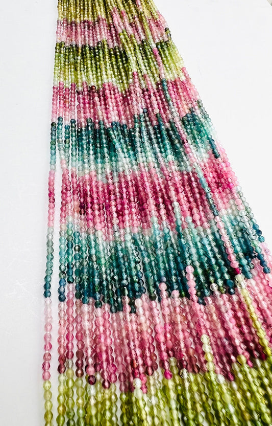 Multi Tourmaline shaded 2mm Faceted Round 12&quot; Strand bead, beautiful pink blue green multi shaded natural watermelon tourmaline bead.