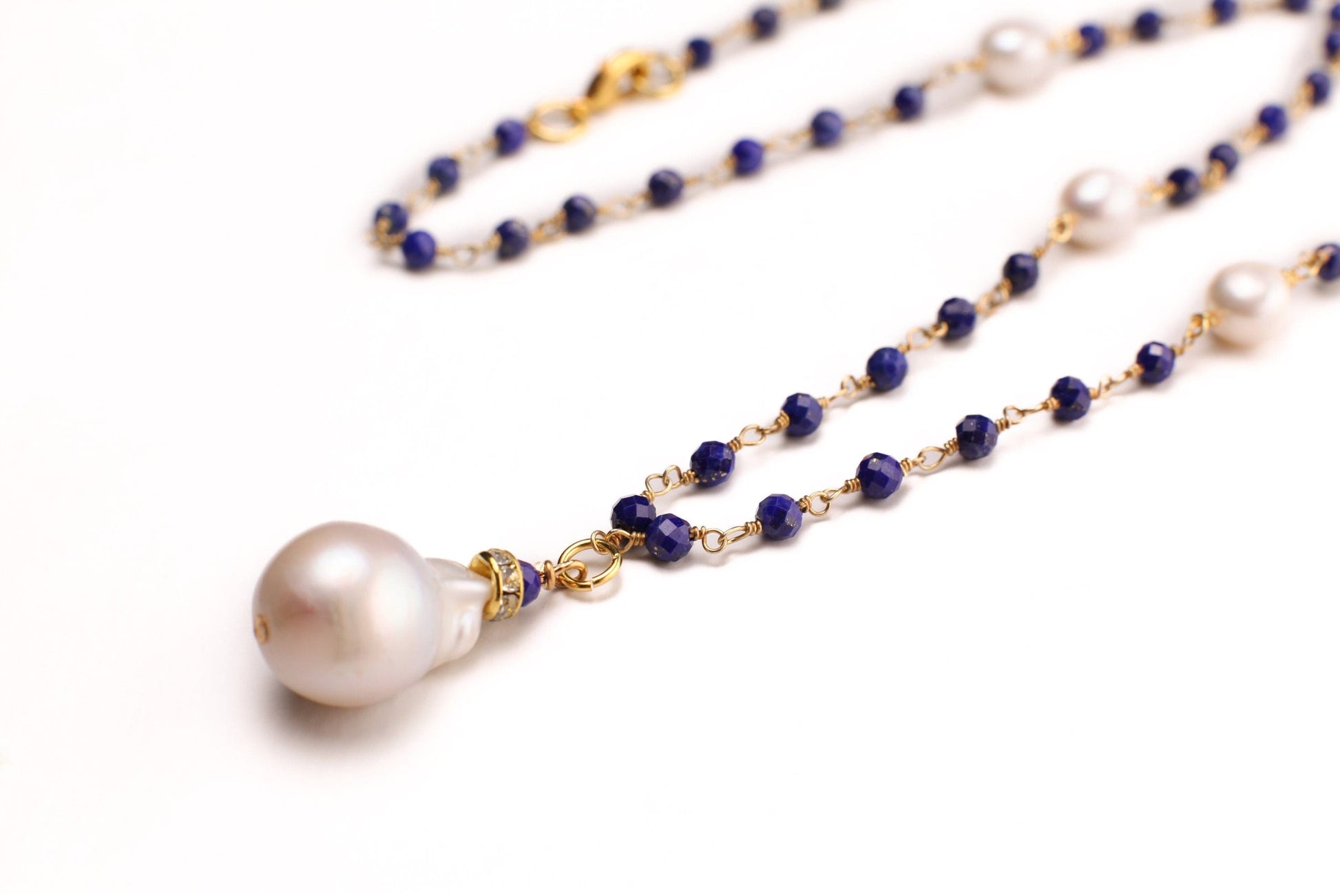 Lapis Lazuli 3mm Faceted Chain, Dangling Freshwater Baroque Pearl Pendant, Spacer 7mm Freshwater Potato Pearl Gold Elegant Necklace, gift
