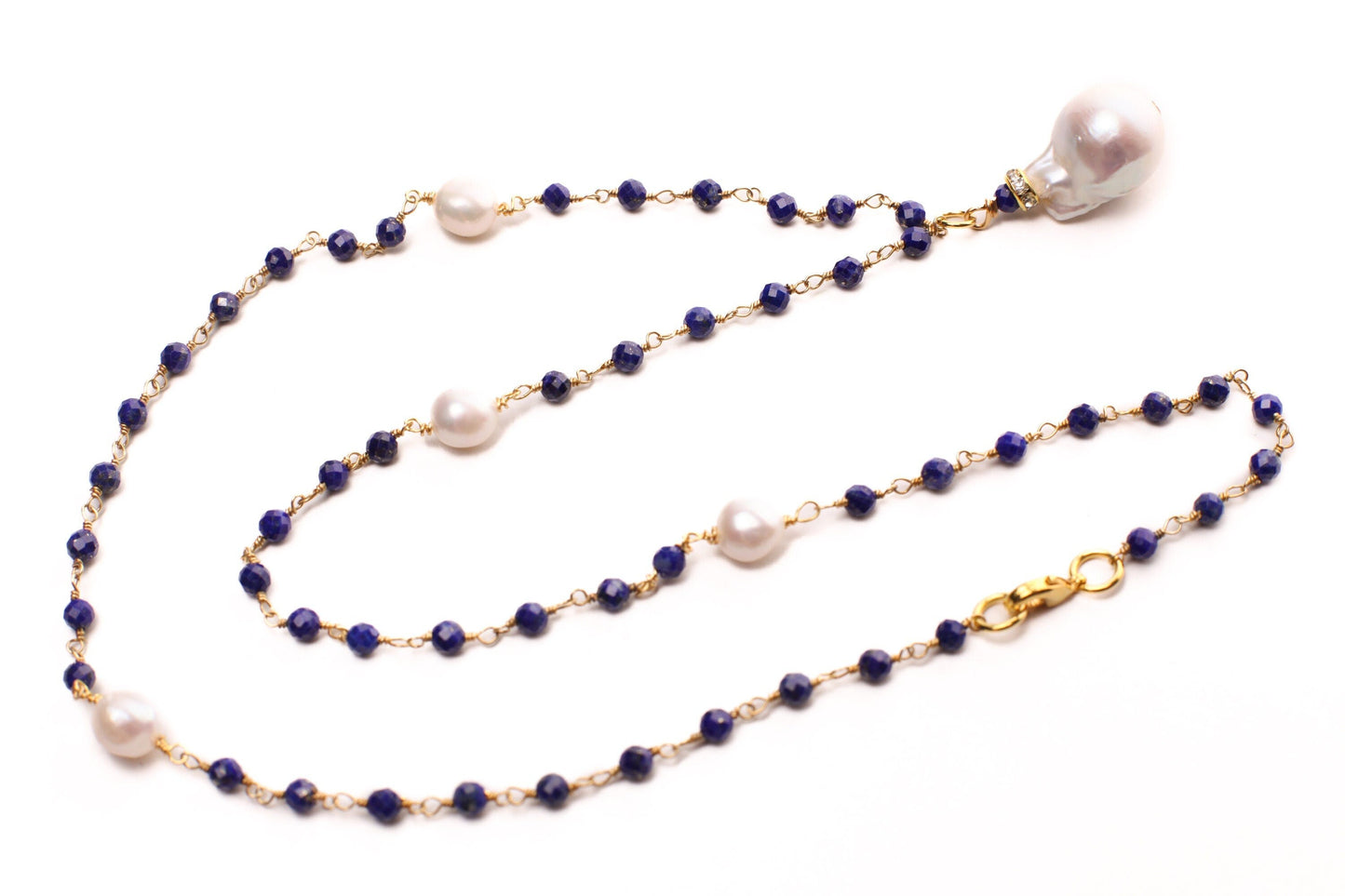 Lapis Lazuli 3mm Faceted Chain, Dangling Freshwater Baroque Pearl Pendant, Spacer 7mm Freshwater Potato Pearl Gold Elegant Necklace, gift