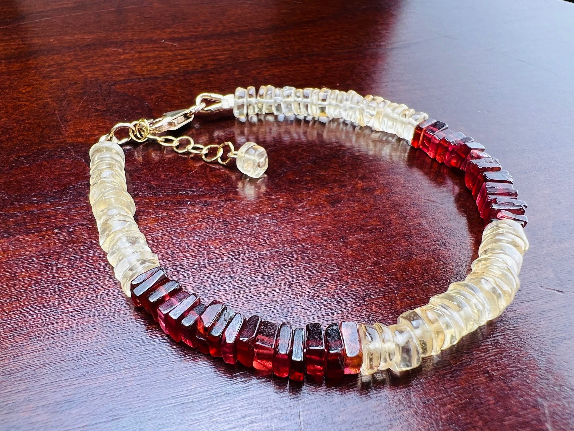 Citrine Smooth heishi Garnet Square heishi 5mm Bracelet in 14k Gold Filled lobster Clasp and findings , healing , energy Chakra gift