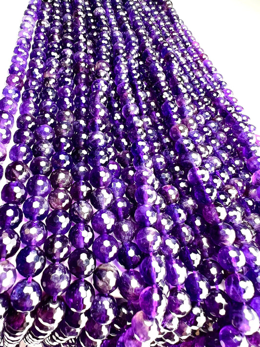 Natural Amethyst 8mm faceted AAA quality Jewelry Making Necklace, Bracelet, DIY Gemstone Purple Round Beads 15.5&quot; (45pcs)Strand