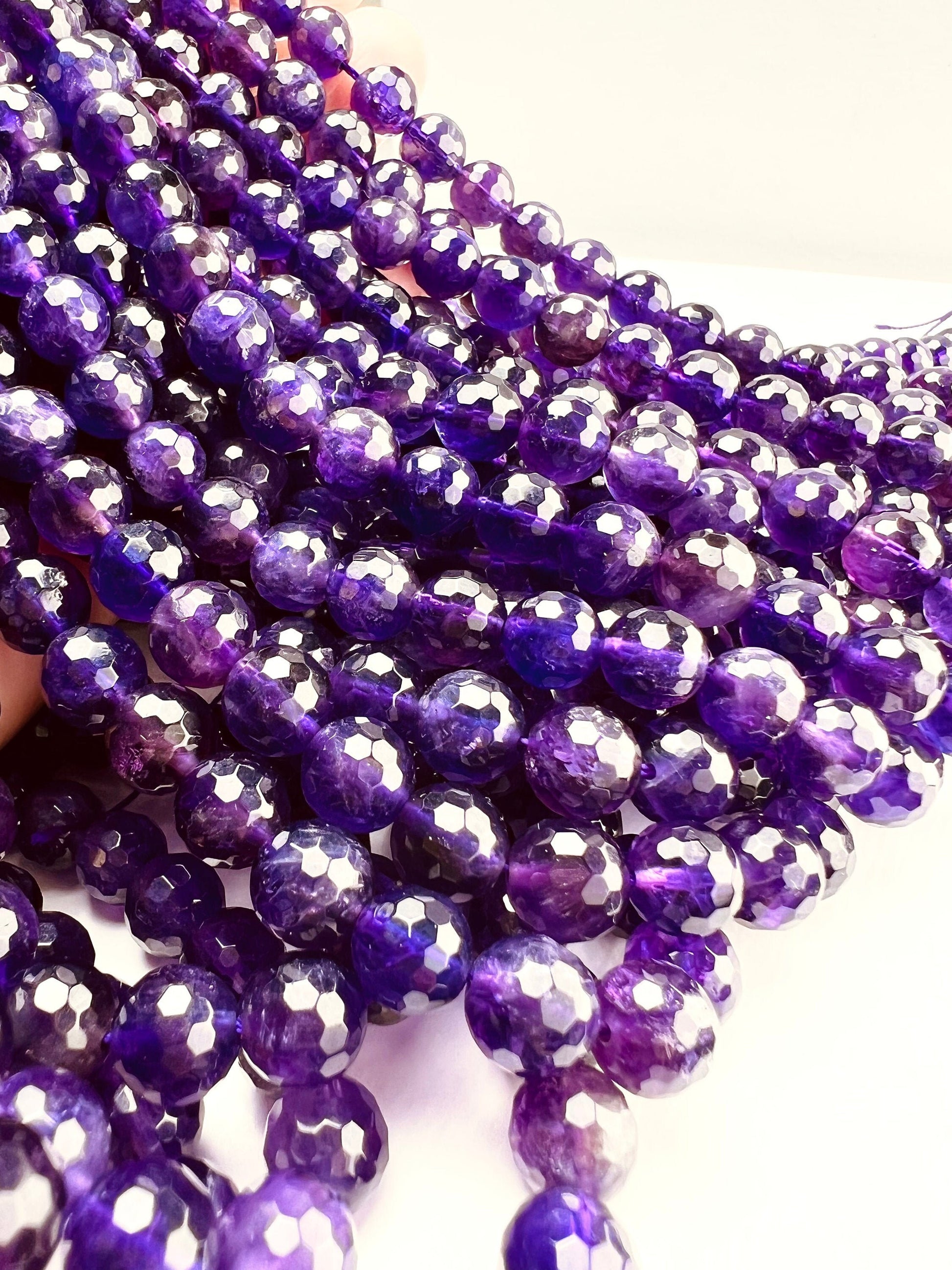 Natural Amethyst 8mm faceted AAA quality Jewelry Making Necklace, Bracelet, DIY Gemstone Purple Round Beads 15.5&quot; (45pcs)Strand