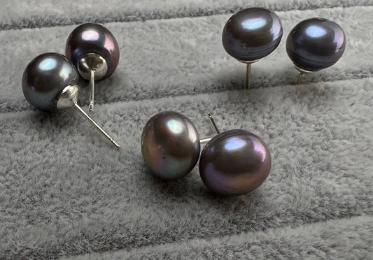 Fresh Water Half Drilled grey Button Pearl 10mm High Luster Pearl in Silver filled Post Earrings, Elegant ,Bridal minimalist gift