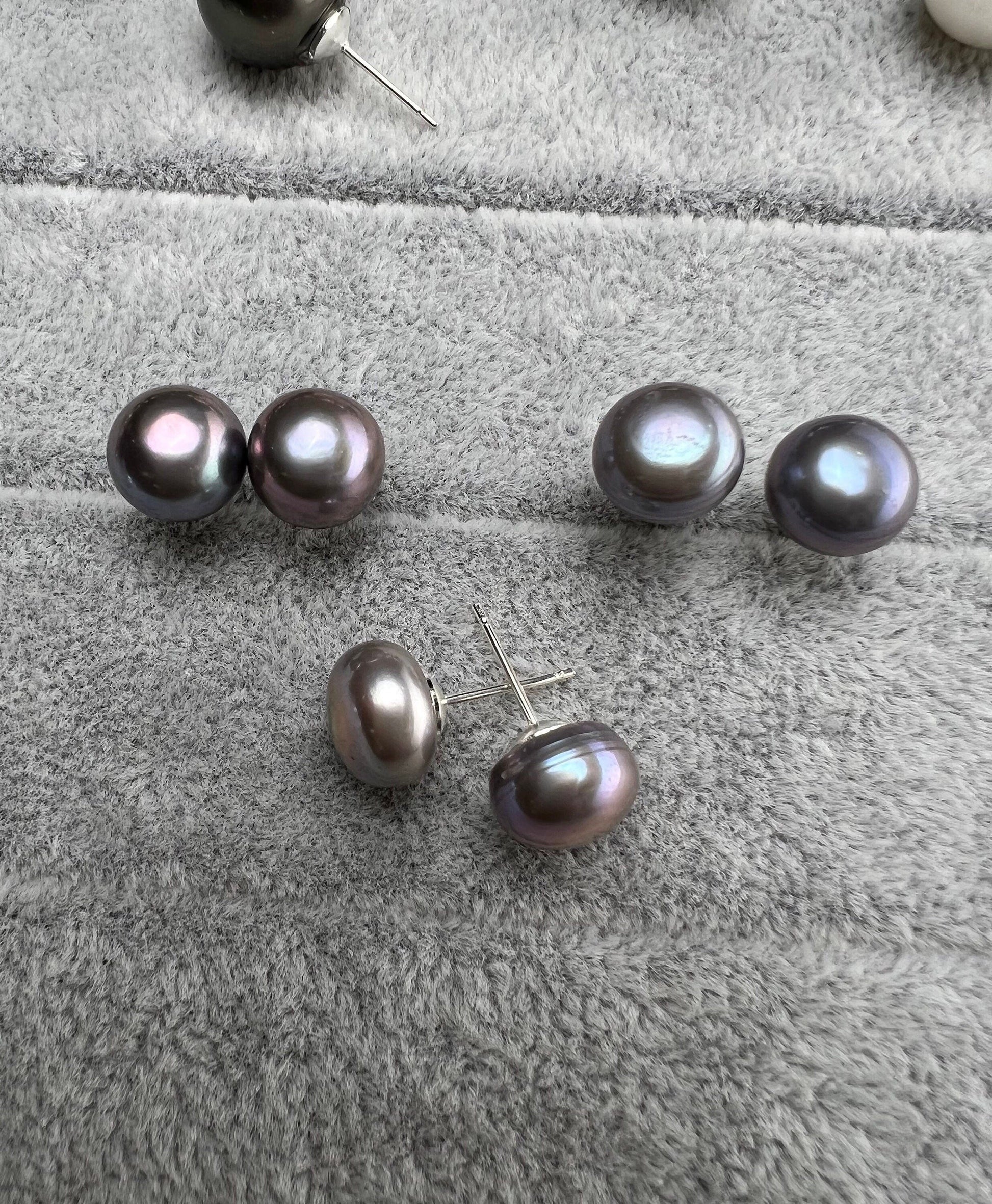 Fresh Water Half Drilled grey Button Pearl 10mm High Luster Pearl in Silver filled Post Earrings, Elegant ,Bridal minimalist gift