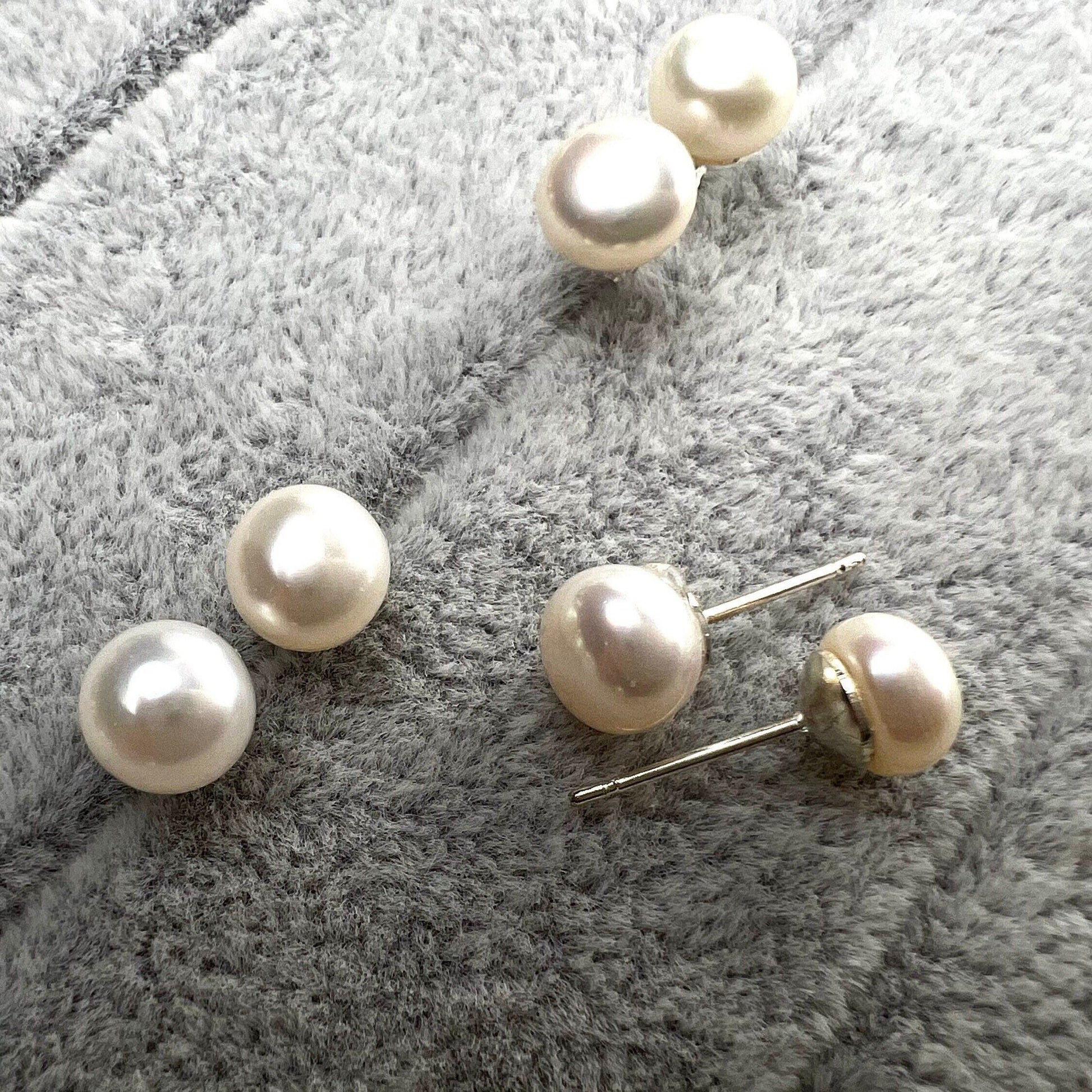 Fresh Water Half Drilled white Button Pearl Stud 7mm High Luster Pearl in Silver filled Post Earrings, Elegant ,Bridal minimalist gift