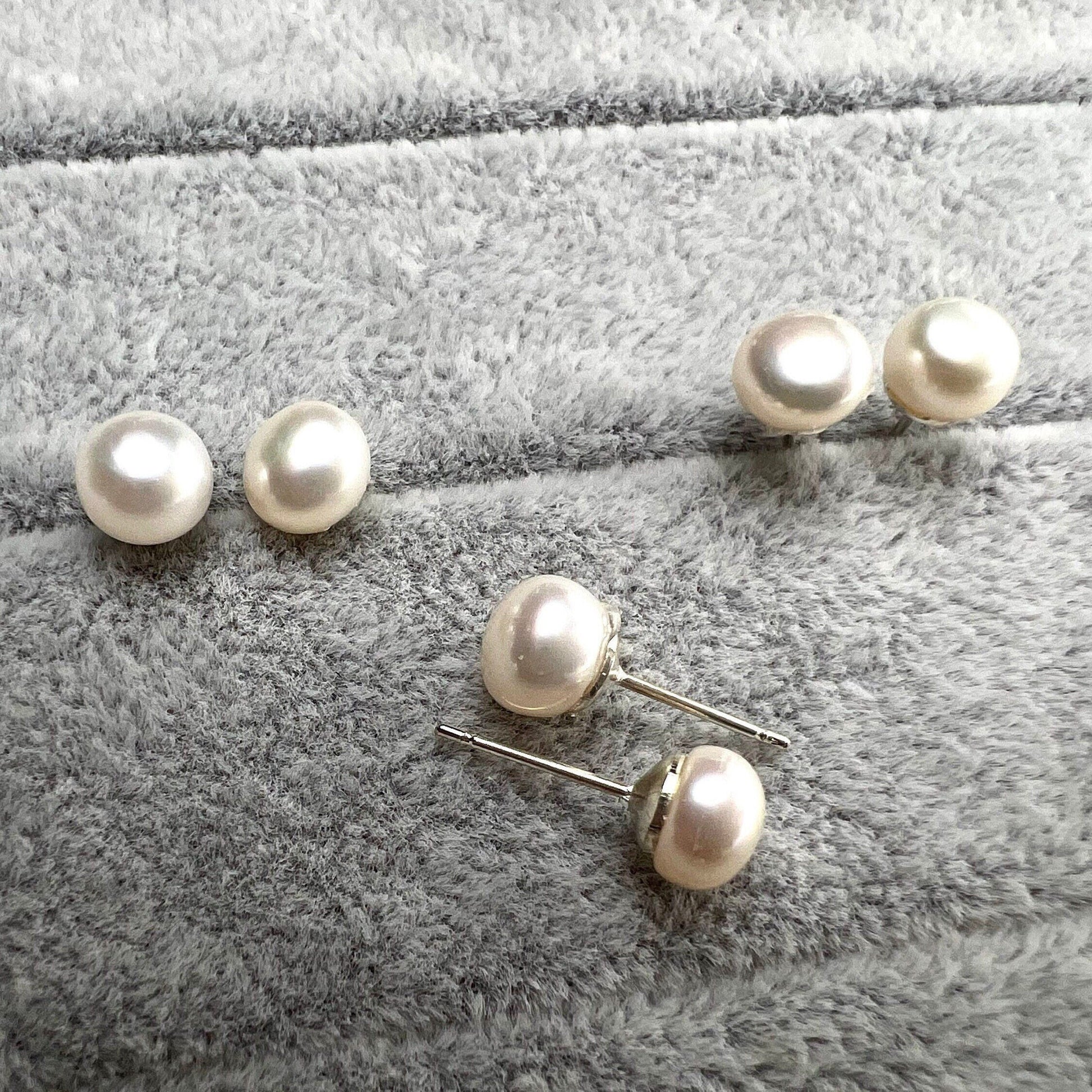 Fresh Water Half Drilled white Button Pearl Stud 7mm High Luster Pearl in Silver filled Post Earrings, Elegant ,Bridal minimalist gift