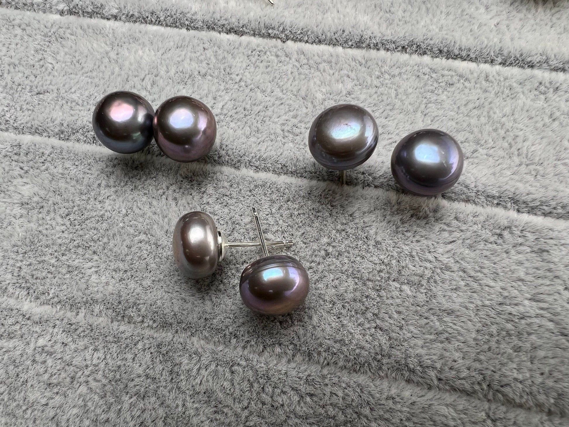 Fresh Water Half Drilled grey Button Pearl 10mm High Luster Pearl in Silver filled Post Earrings, Elegant ,Bridal minimalist gift