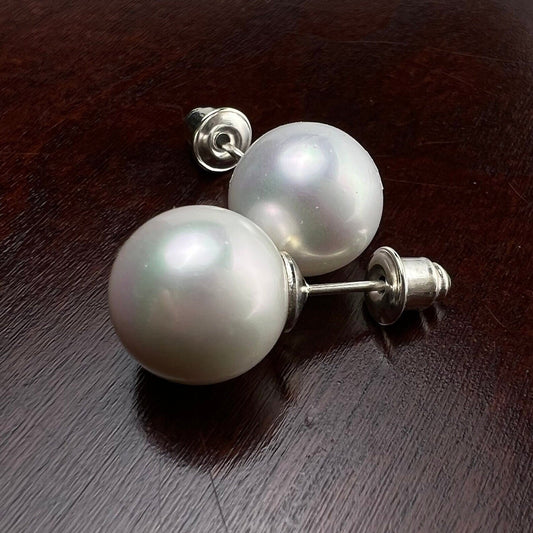 Half drilled White South Sea Shell Pearl earring 10,12,14mm Large High Luster pearl in silver filled post earrings, elegant Bridal gift