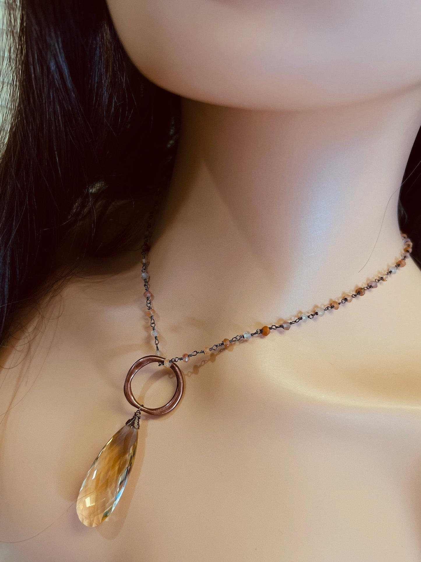 Natural Citrine long drop 16x42mm Gem quality pendant ,Hessonite garnet chain,22mm antique copper hammered circle beautiful necklace gift