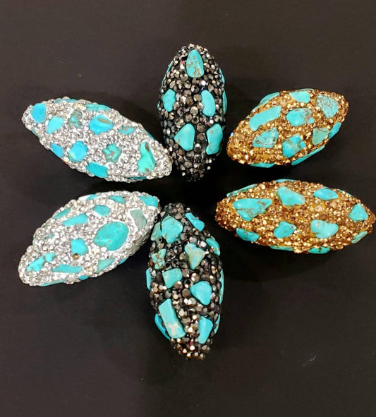 Natural blue turquoise freeform beads inlaid with rhinestone crystal micro pave 15x32mm oval focal bead, black gold & silver 3 color, 1piece