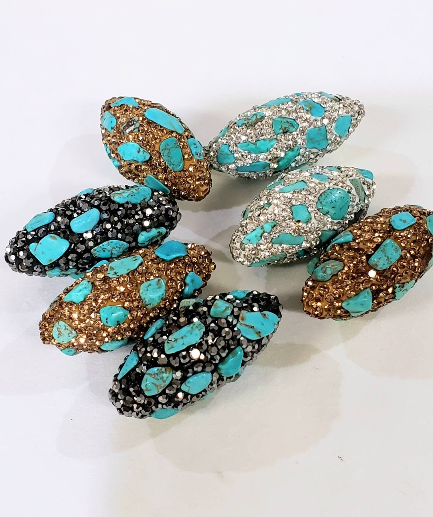 Natural blue turquoise freeform beads inlaid with rhinestone crystal micro pave 15x32mm oval focal bead, black gold & silver 3 color, 1piece