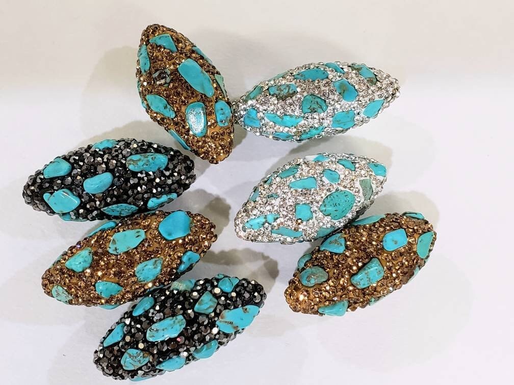 Natural blue turquoise freeform beads inlaid with rhinestone crystal micro pave 15x32mm oval focal bead, black gold & silver 3 color, 1piece
