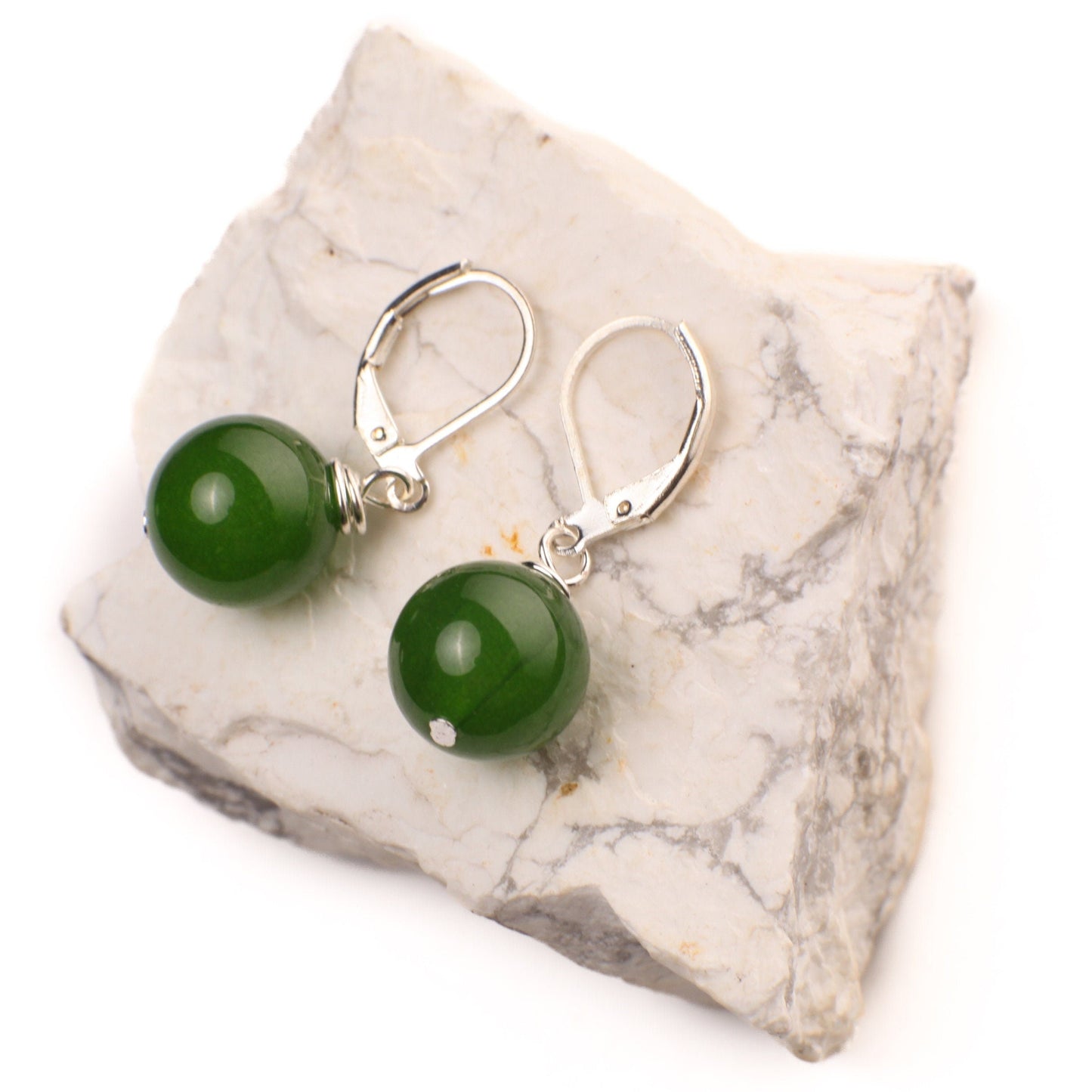 Natural Green Nephrite Canadian Jade 13-14mm round handmade Leverback earrings in Silver, Gold, Rose Gold, Victorian elegant minimalist Gift