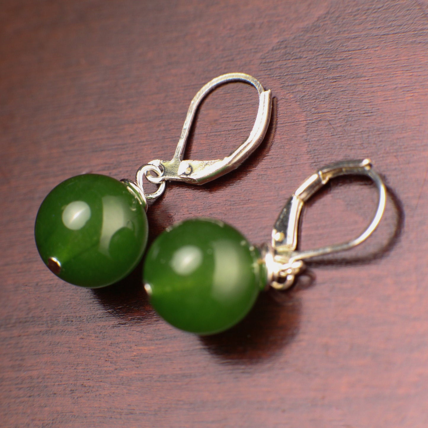 Natural Green Nephrite Canadian Jade 13-14mm round handmade Leverback earrings in Silver, Gold, Rose Gold, Victorian elegant minimalist Gift