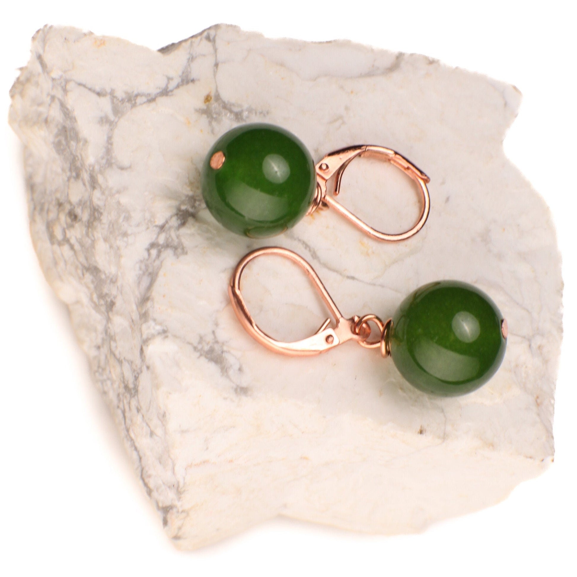 Natural Green Nephrite Canadian Jade 13-14mm round handmade Leverback earrings in Silver, Gold, Rose Gold, Victorian elegant minimalist Gift