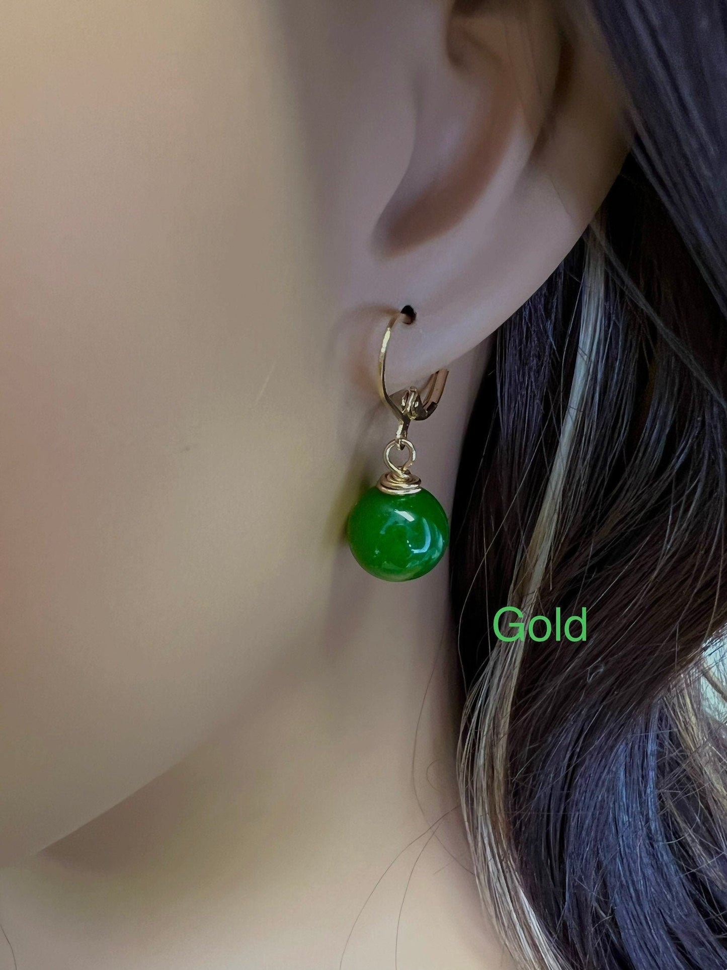 Natural Green Nephrite Canadian Jade 13-14mm round handmade Leverback earrings in Silver, Gold, Rose Gold, Victorian elegant minimalist Gift