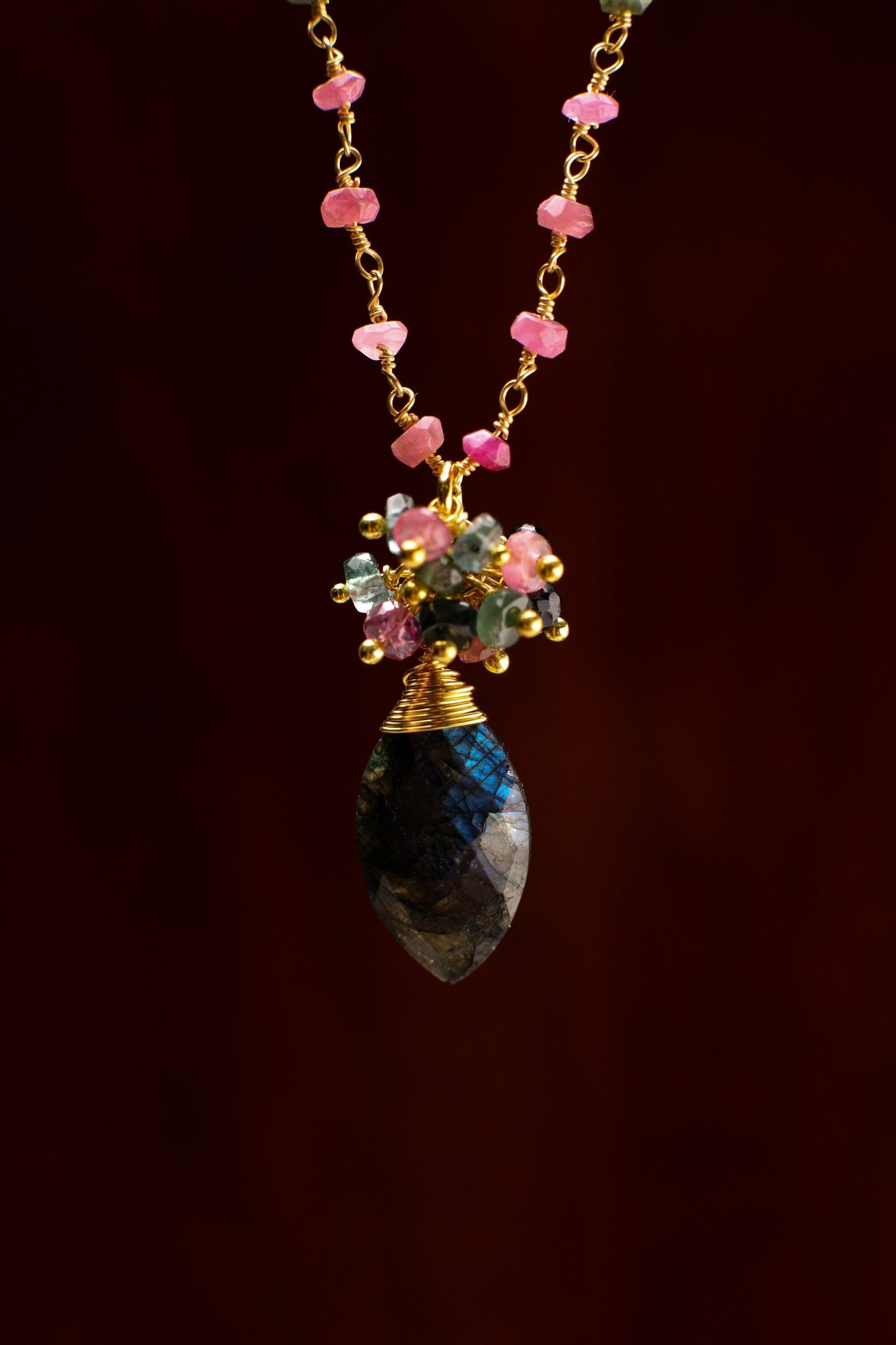 Labradorite Green Blue Flash with Watermelon Tourmaline Cluster pendant with multi Tourmaline chain gold Necklace Boho, Beachwear gift