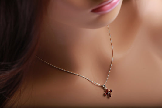 Genuine Garnet Sterling Silver Flower Cluster Charm with .925 Italian Sterling Silver Snake Chain, Choice of 16&quot; or 18&quot;