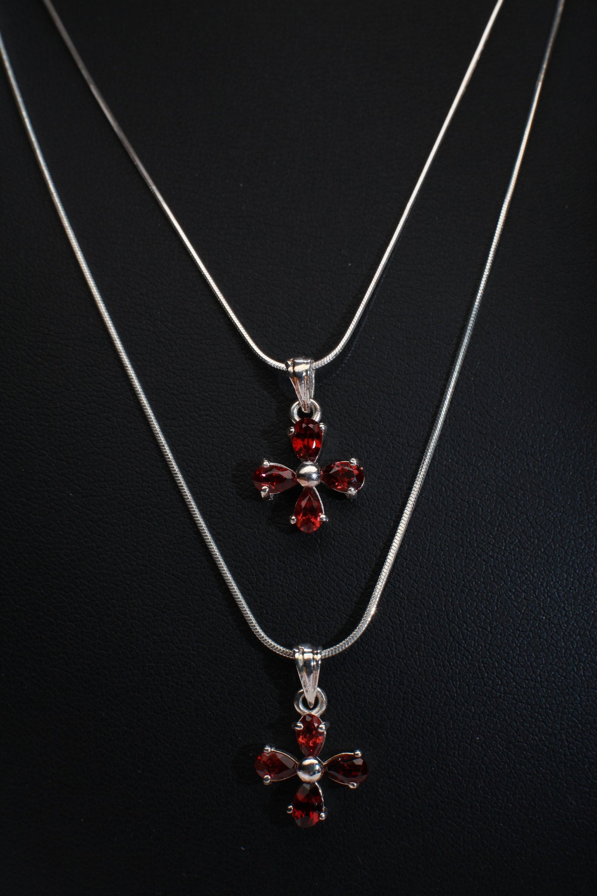 Genuine Garnet Sterling Silver Flower Cluster Charm with .925 Italian Sterling Silver Snake Chain, Choice of 16&quot; or 18&quot;