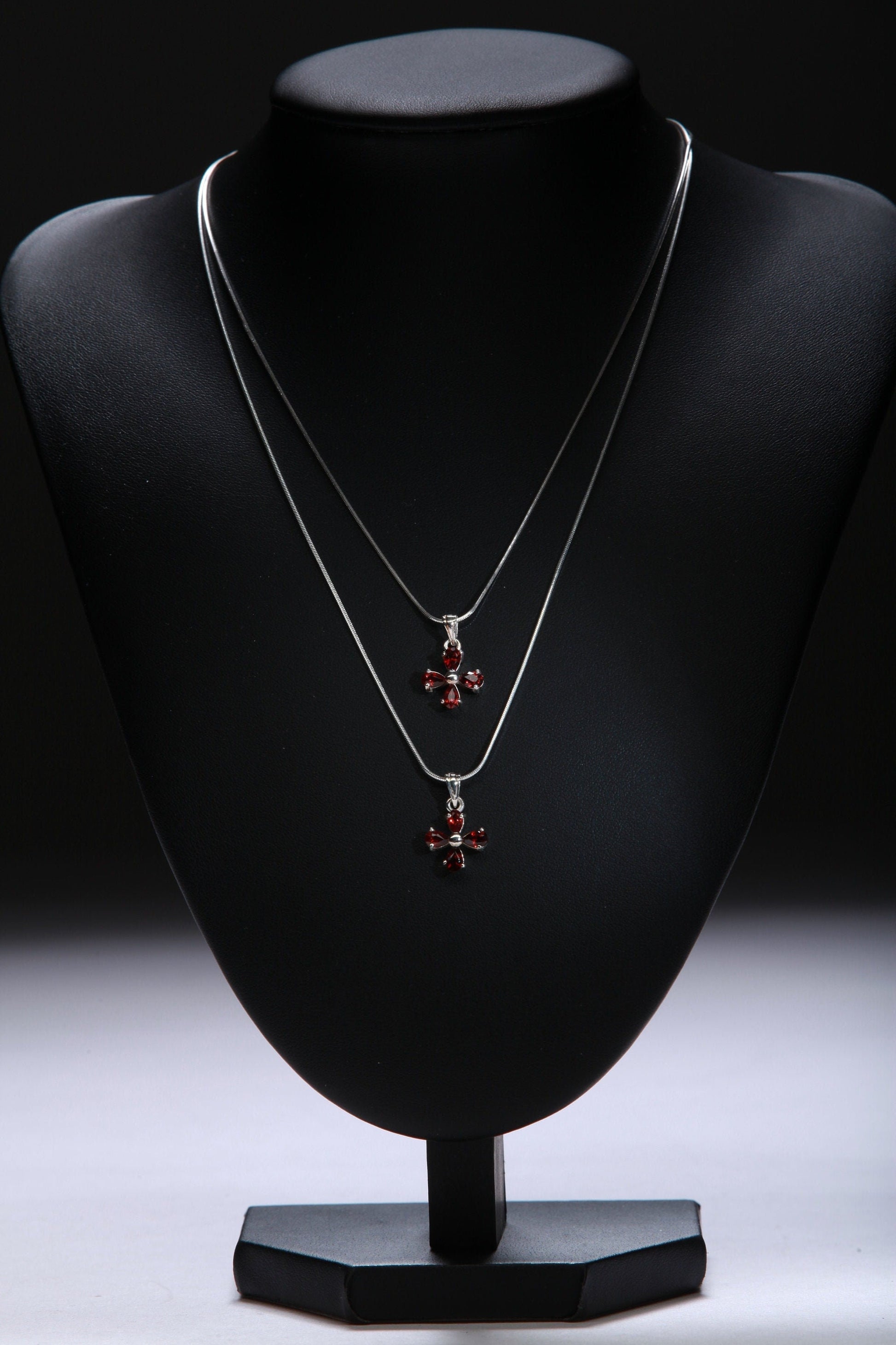 Genuine Garnet Sterling Silver Flower Cluster Charm with .925 Italian Sterling Silver Snake Chain, Choice of 16&quot; or 18&quot;