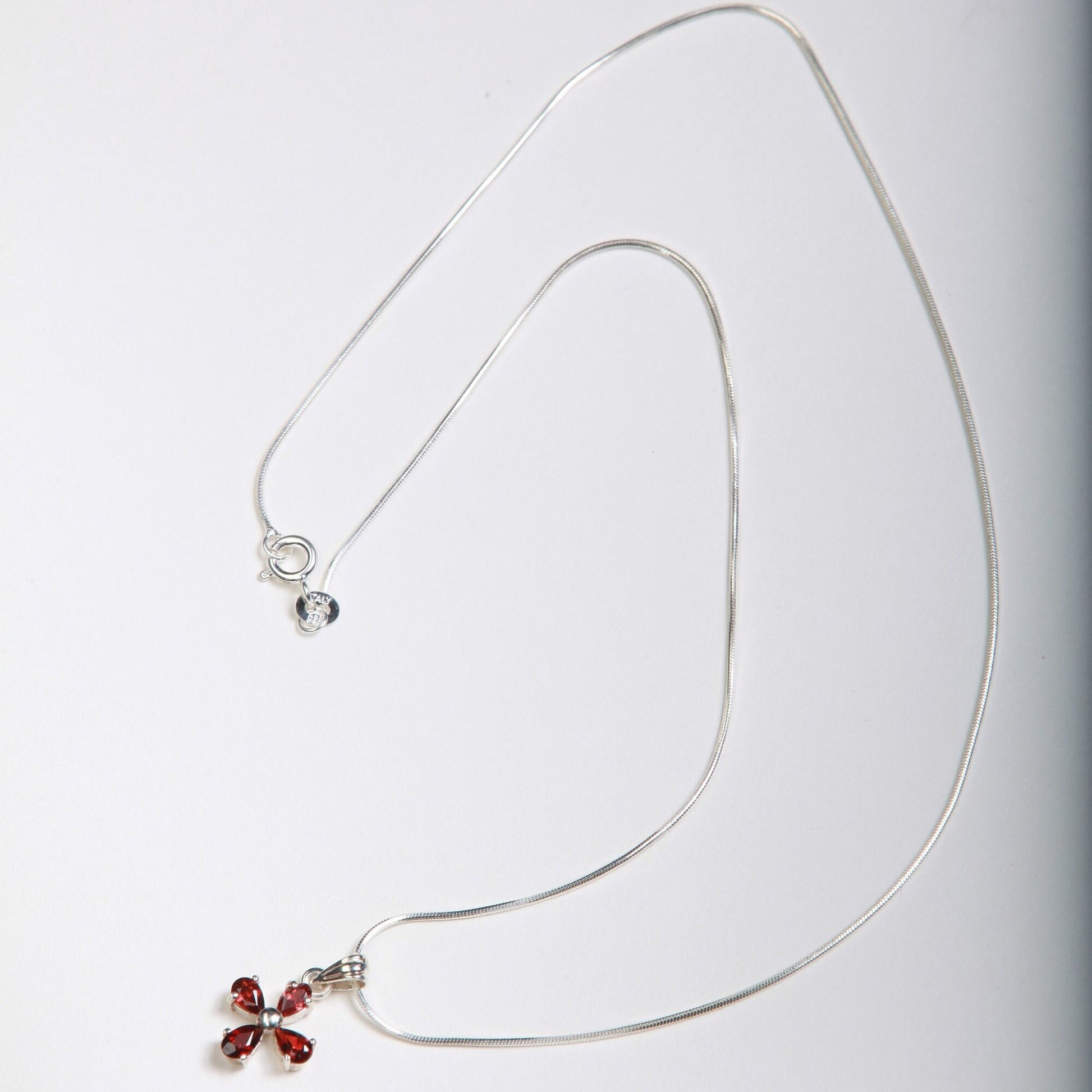 Genuine Garnet Sterling Silver Flower Cluster Charm with .925 Italian Sterling Silver Snake Chain, Choice of 16&quot; or 18&quot;