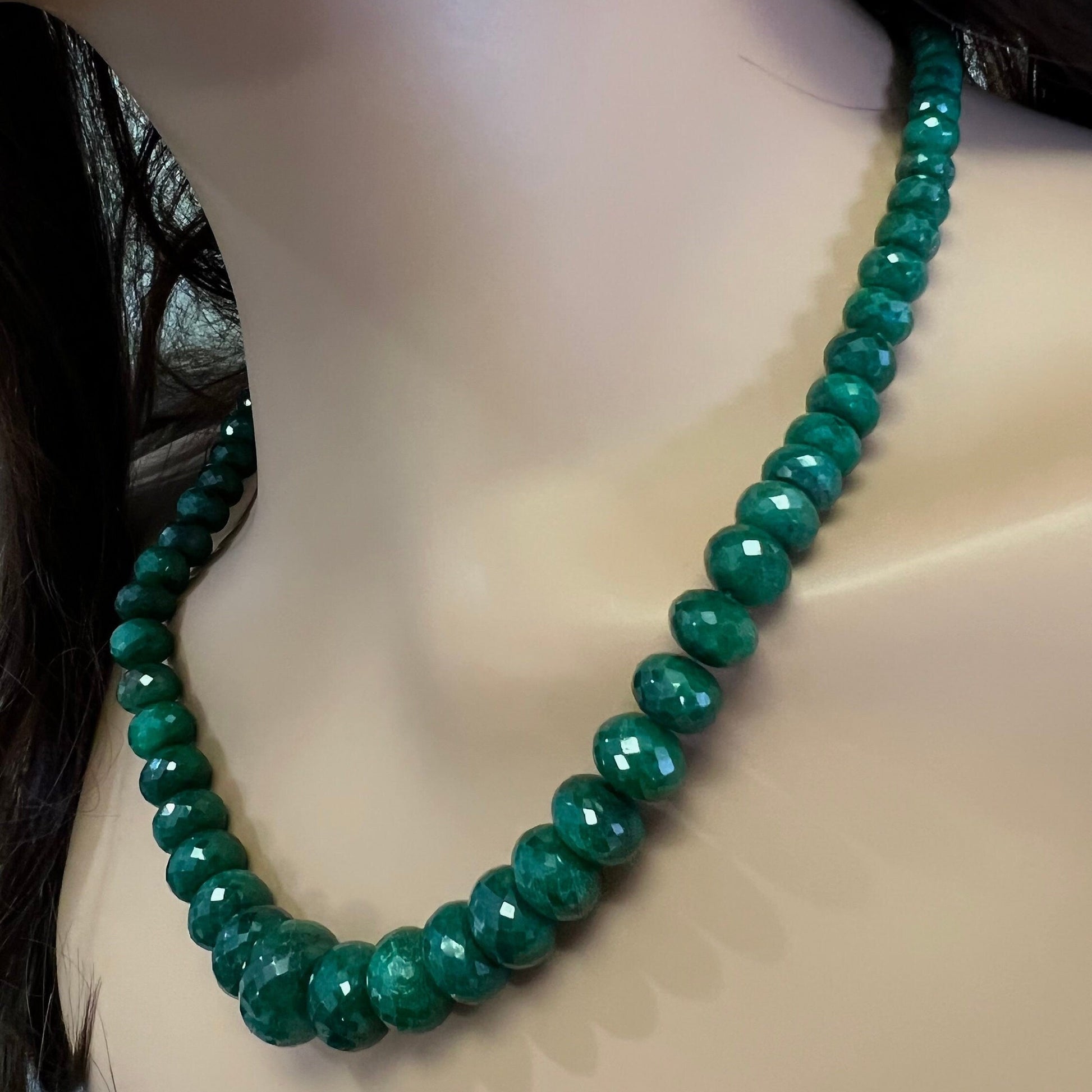 Genuine Zambian Emerald Dark green 7-16mm large Faceted Roundel Gemstone 16&quot; Necklace with 9&quot; Adjustable thread,May Birthstone,Gift 471 ct