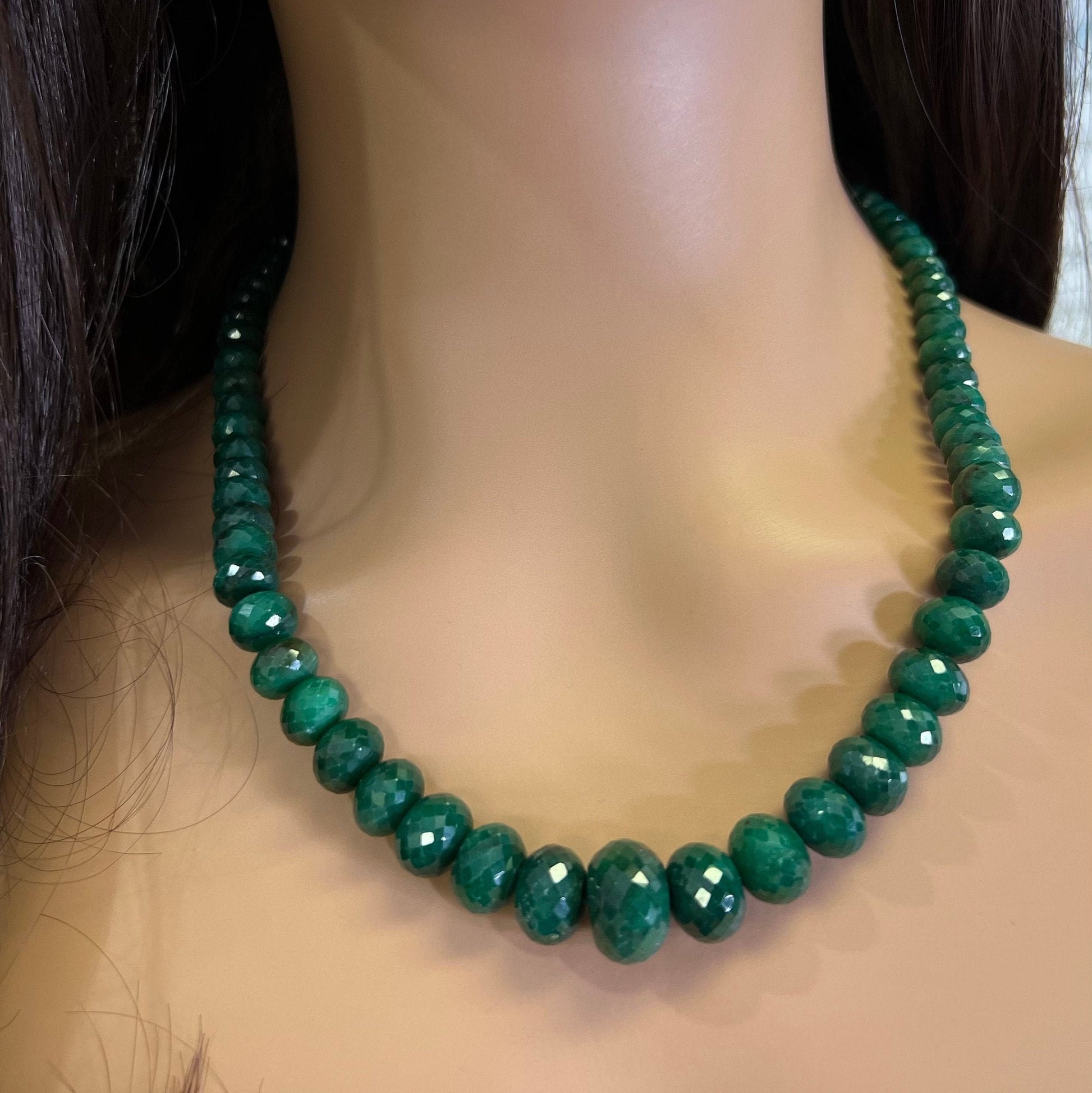 Genuine Zambian Emerald Dark green 7-16mm large Faceted Roundel Gemstone 16&quot; Necklace with 9&quot; Adjustable thread,May Birthstone,Gift 471 ct