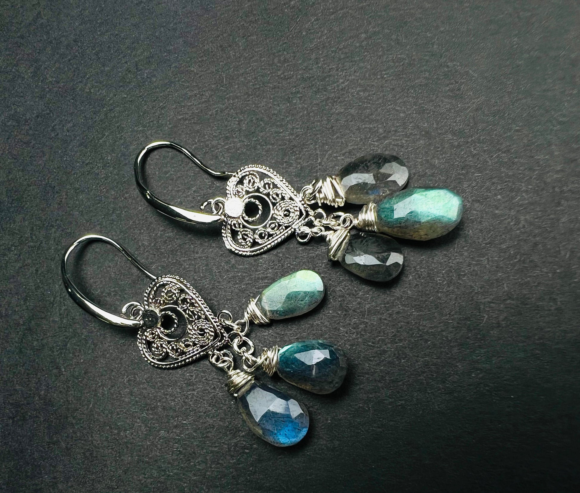 Natural Labradorite 5x10mm Faceted Drop Wire wrapped Chandelier Heart Filigree Rhodium Silver Earrings