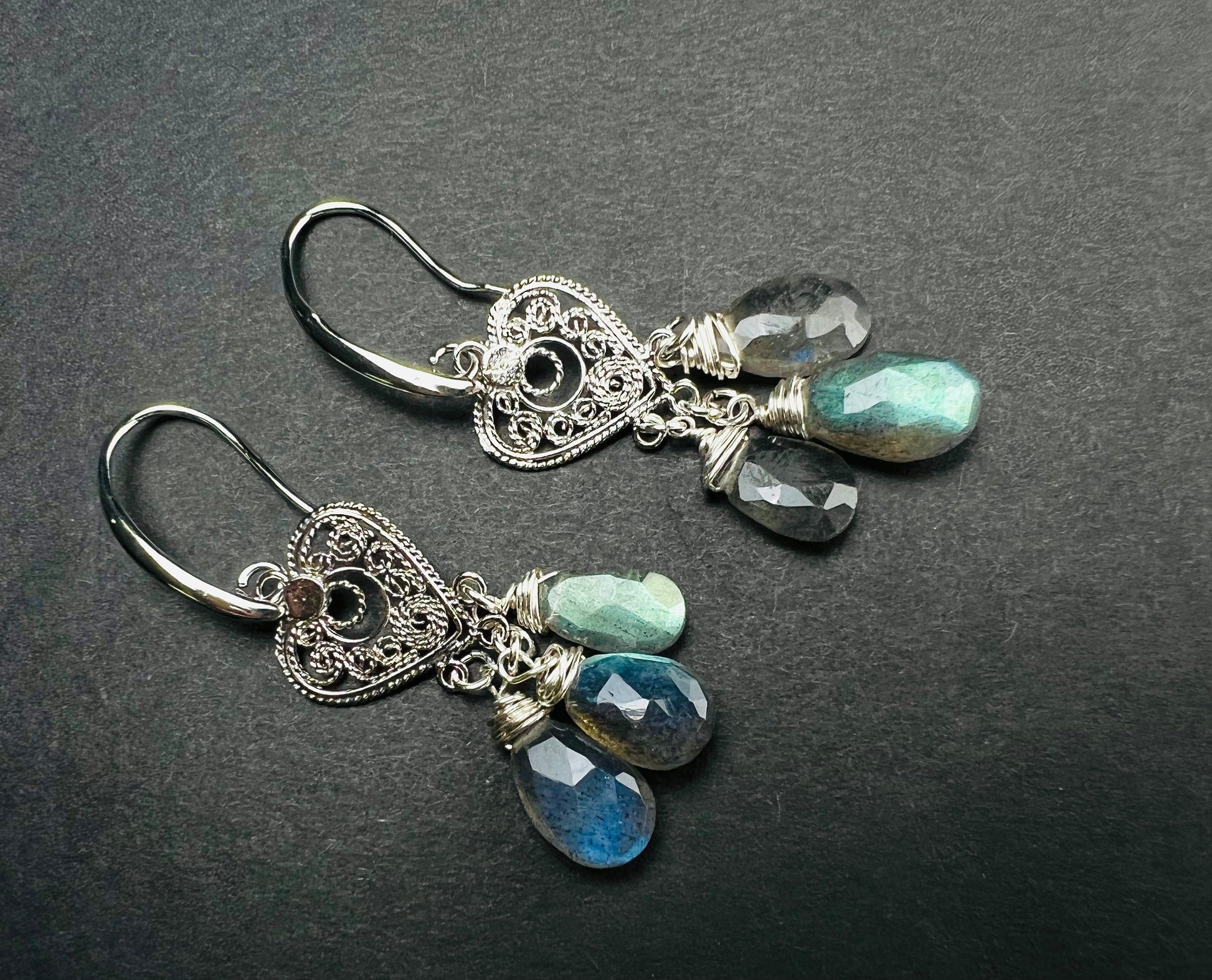 Natural Labradorite 5x10mm Faceted Drop Wire wrapped Chandelier Heart Filigree Rhodium Silver Earrings