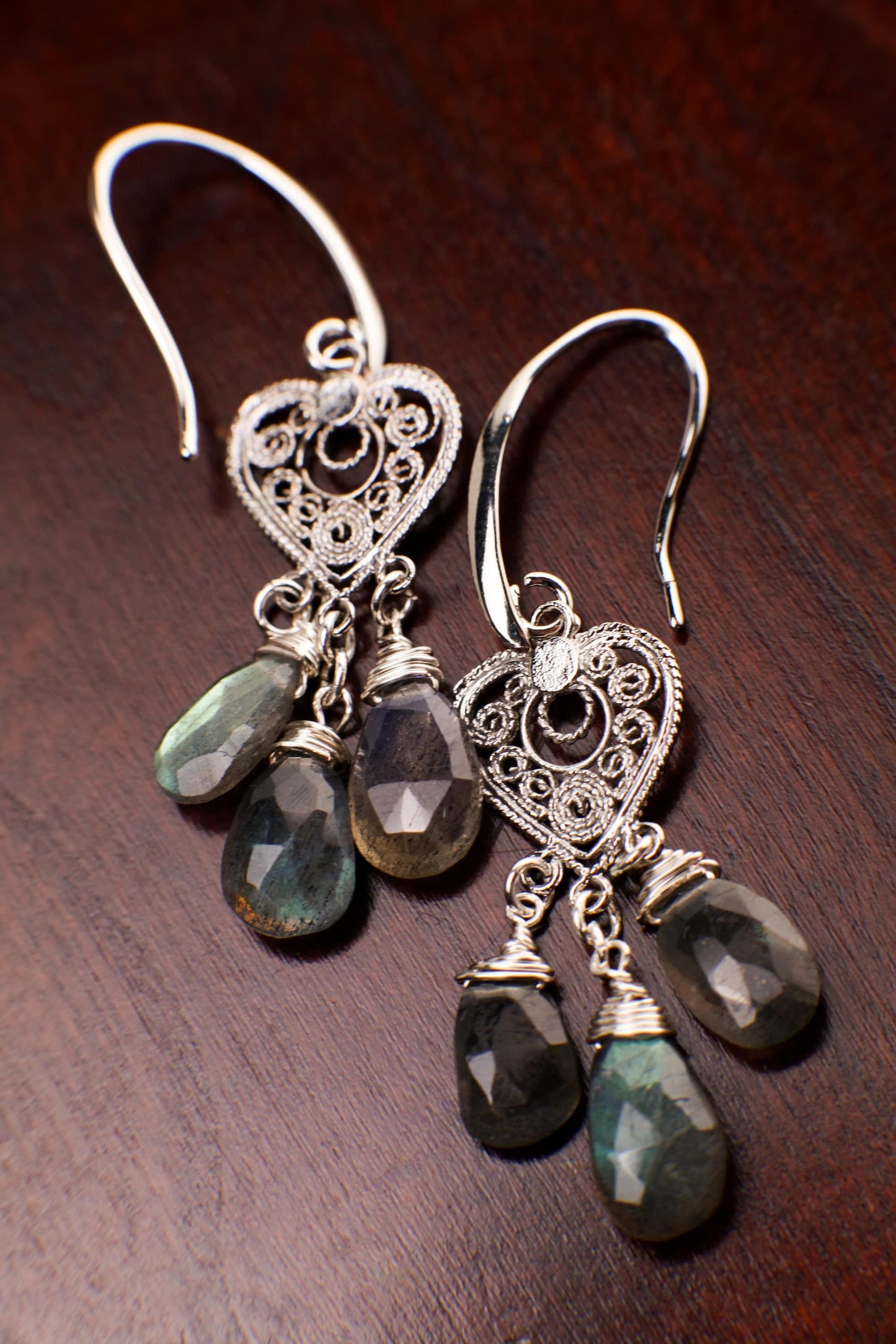 Natural Labradorite 5x10mm Faceted Drop Wire wrapped Chandelier Heart Filigree Rhodium Silver Earrings