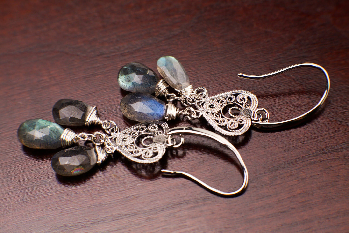 Natural Labradorite 5x10mm Faceted Drop Wire wrapped Chandelier Heart Filigree Rhodium Silver Earrings