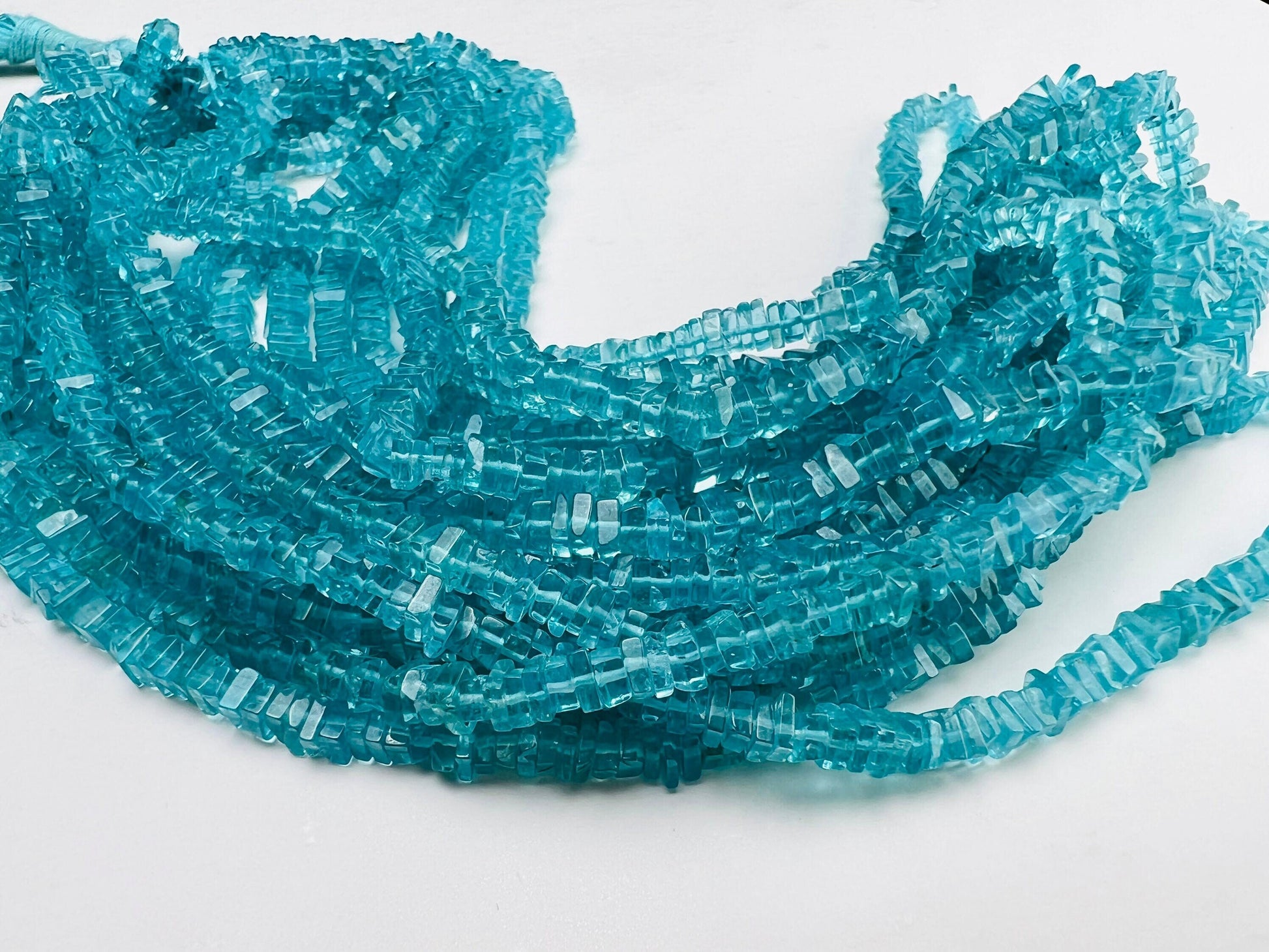 Neon Blue Apatite 3-4mm Square Heishe washer Beads, 7.5”, 15”strand for Jewelry Making Natural Apatite Beads