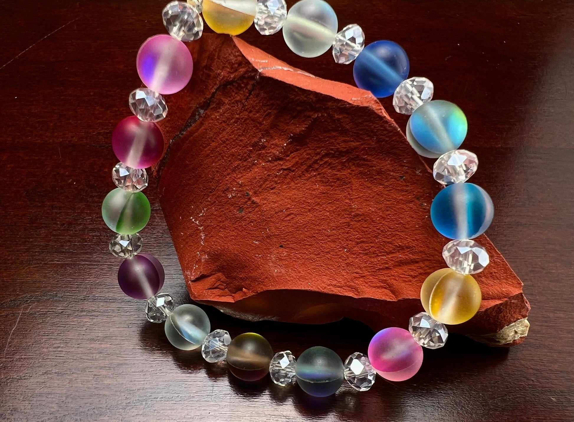 Multi color Angel Aura Quartz Mermaid Glow bead 8mm Matte smooth round bead accents with sparkly crystal roundel stretchy Bracelet. Rainbow