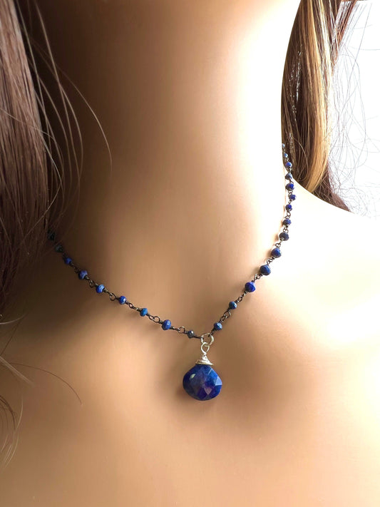 Lapis heart jewelry set . Afghanistan Lapis dark blue Oxidized silver Faceted rosary Chain , 10mm lapis heart pendant and earrings set