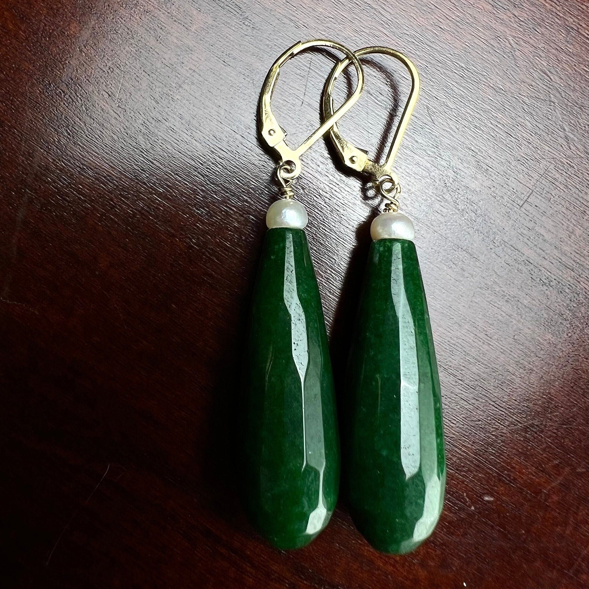 Emerald Jade 10×30mm Long Teardrop with Freshwater Button Pearl, 925 Sterling Silver or 14K Gold Filled Leverback Earrings Set, Gift