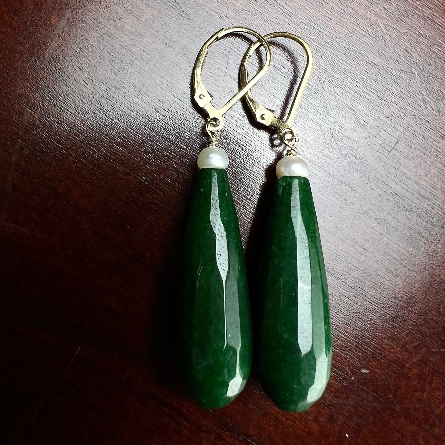 Emerald Jade 10×30mm Long Teardrop with Freshwater Button Pearl, 925 Sterling Silver or 14K Gold Filled Leverback Earrings Set, Gift