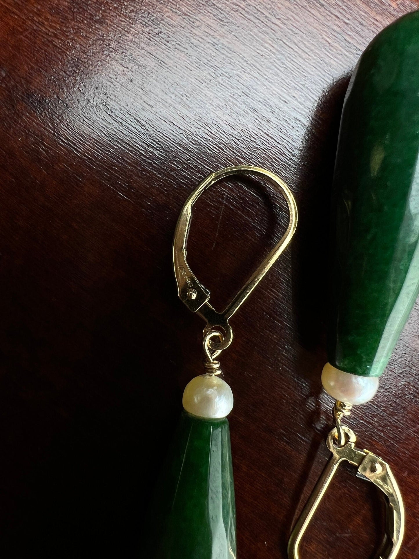 Emerald Jade 10×30mm Long Teardrop with Freshwater Button Pearl, 925 Sterling Silver or 14K Gold Filled Leverback Earrings Set, Gift