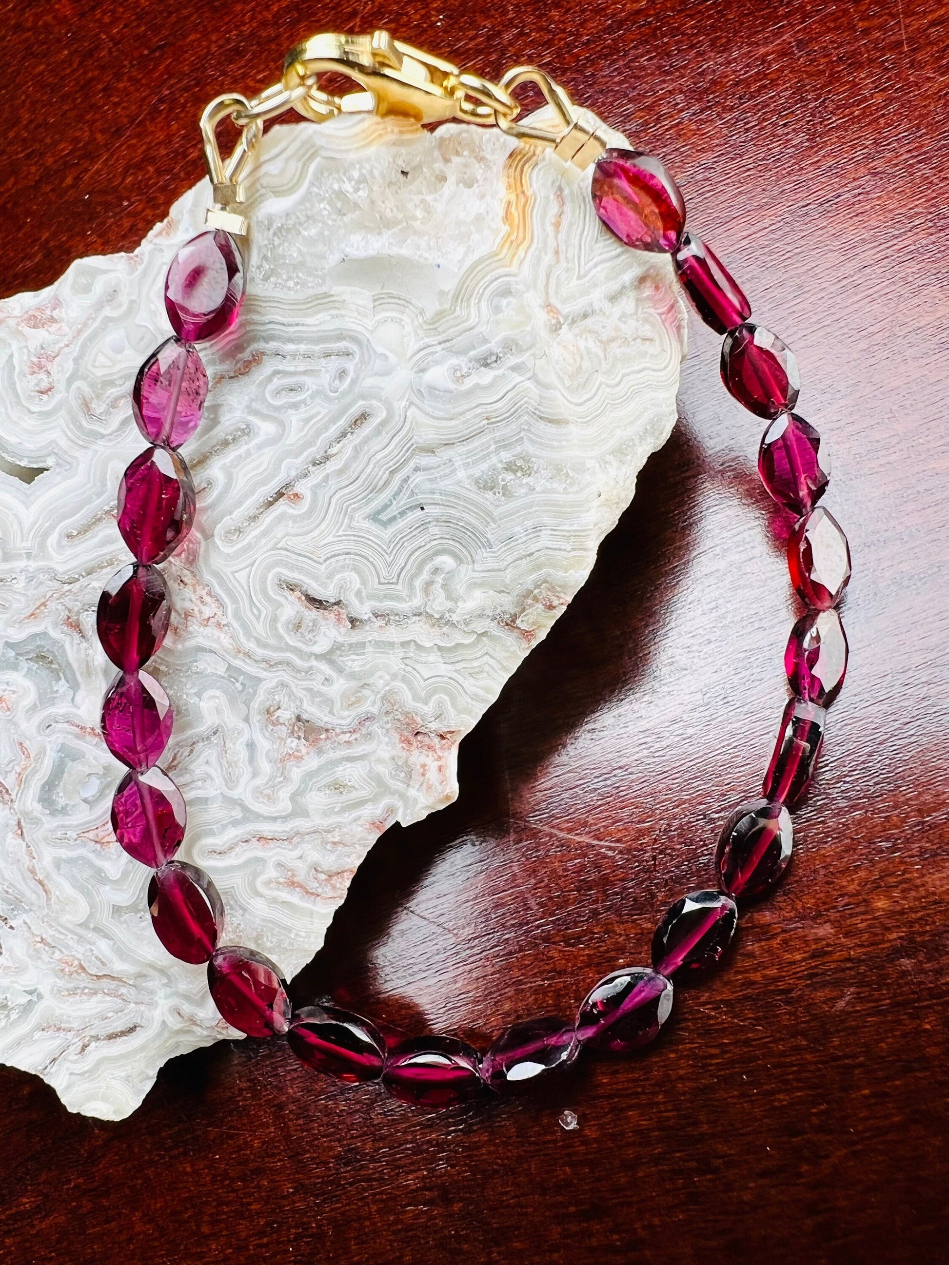 Mozambique Garnet Faceted long oval 4.5x6-6.6mm beaded Bracelet in 14k Gold Filled, or 925 Sterling Silver lobster Clasp and findings,