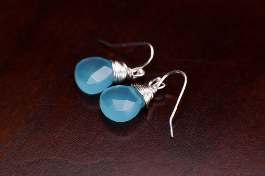 Aqua blue Chalcedony Faceted 12mm heart Teardrop Wire Wrapped in Sterling Silver or 14k gold-filled earrings. Beautiful summer wear