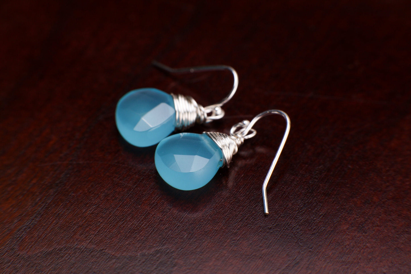 Aqua blue Chalcedony Faceted 12mm heart Teardrop Wire Wrapped in Sterling Silver or 14k gold-filled earrings. Beautiful summer wear