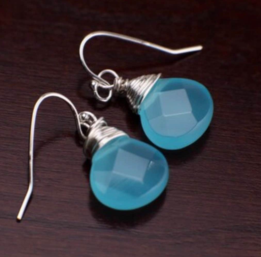 Aqua blue Chalcedony Faceted 12mm heart Teardrop Wire Wrapped in Sterling Silver or 14k gold-filled earrings. Beautiful summer wear