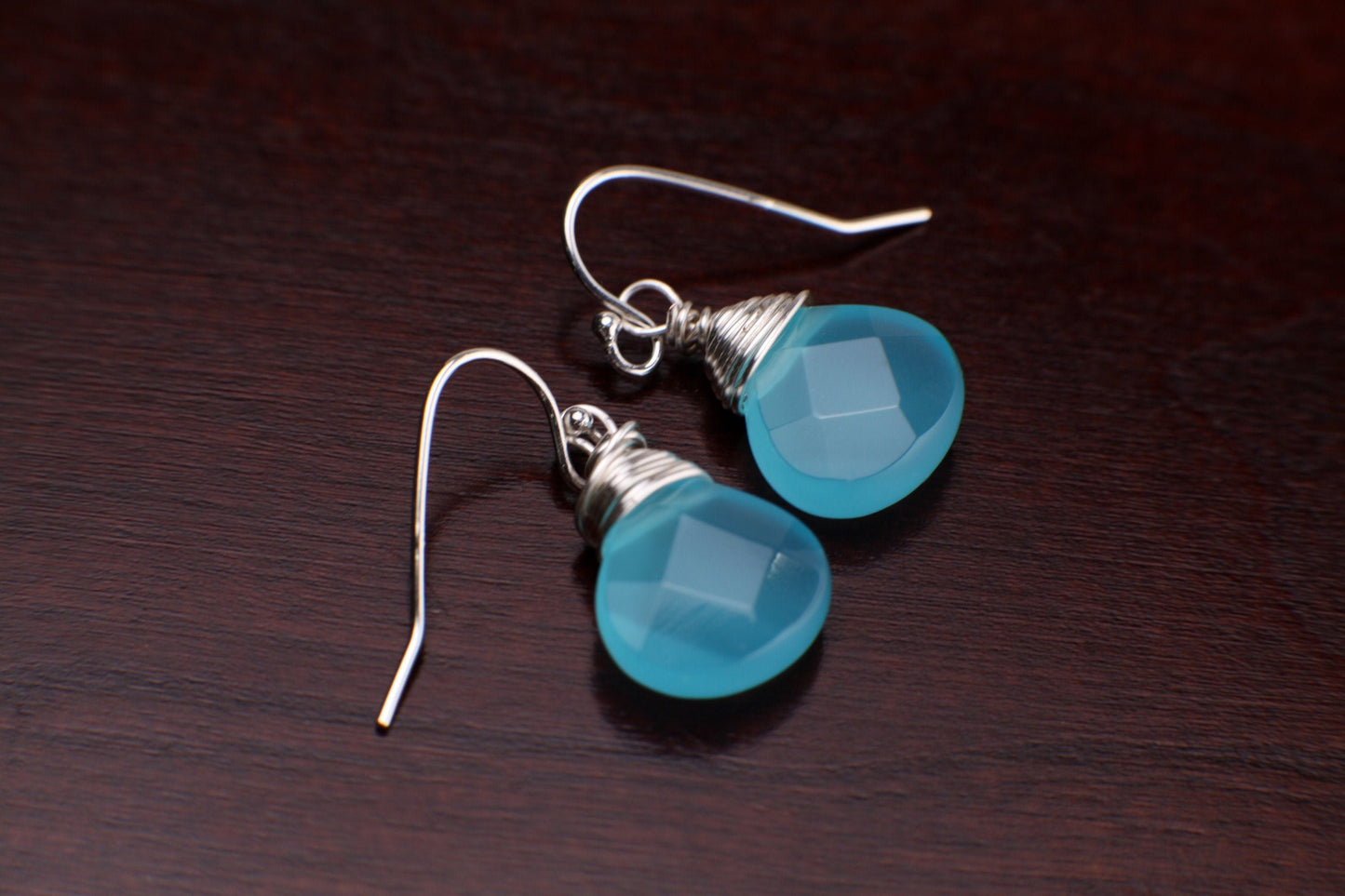 Aqua blue Chalcedony Faceted 12mm heart Teardrop Wire Wrapped in Sterling Silver or 14k gold-filled earrings. Beautiful summer wear