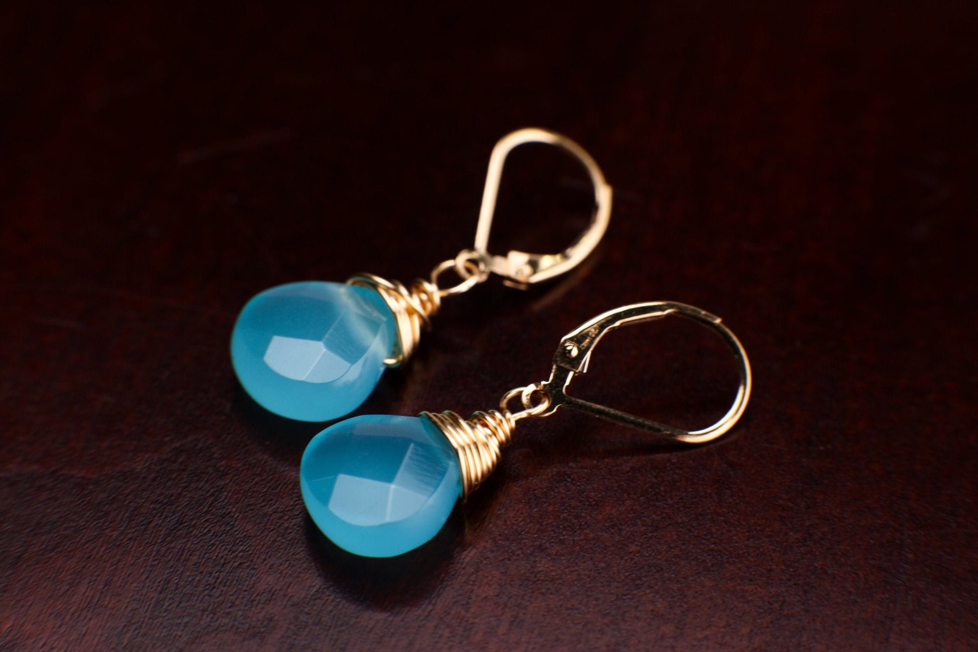 Aqua blue Chalcedony Faceted 12mm heart Teardrop Wire Wrapped in Sterling Silver or 14k gold-filled earrings. Beautiful summer wear