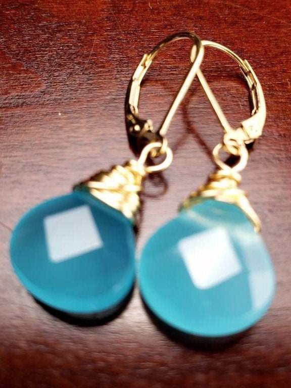 Aqua blue Chalcedony Faceted 12mm heart Teardrop Wire Wrapped in Sterling Silver or 14k gold-filled earrings. Beautiful summer wear