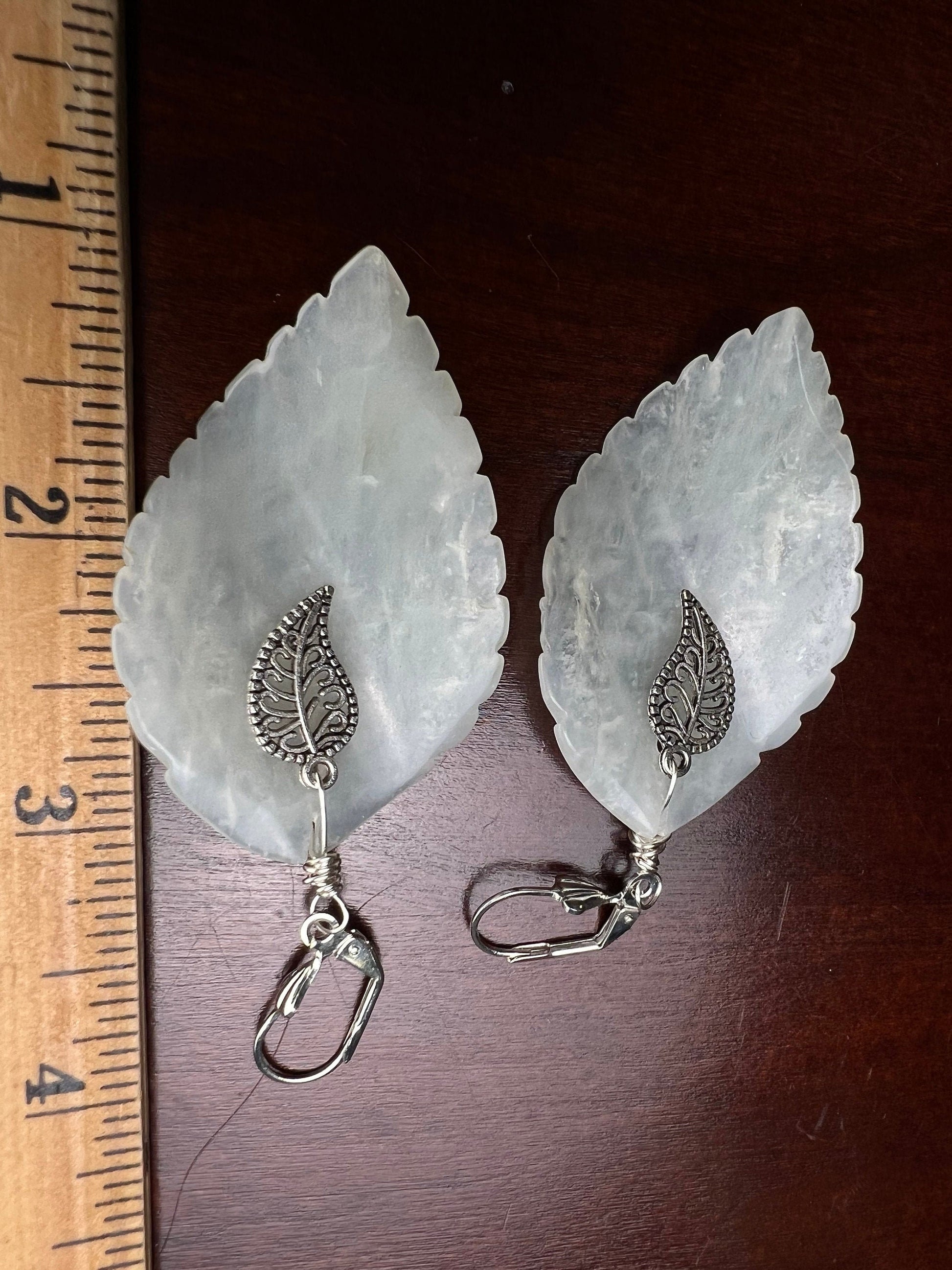 Natural nephrite jade carved leaf large with Bali style leaf middle Leverback earrings . Vintage antique handcrafted jade earrings gift