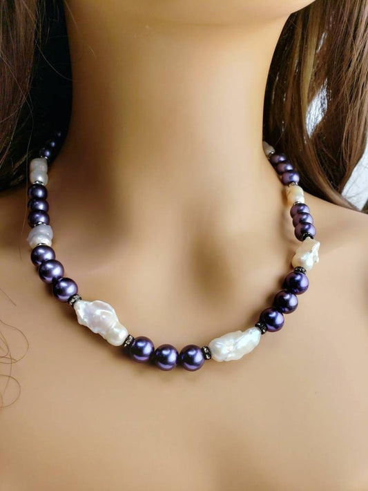 Blue South Sea shell pearl 8mm with Freshwater baroque pearl 20x27mm large, CZ diamond pave clasp Statement necklace, Gift 18"+ 3" Extender