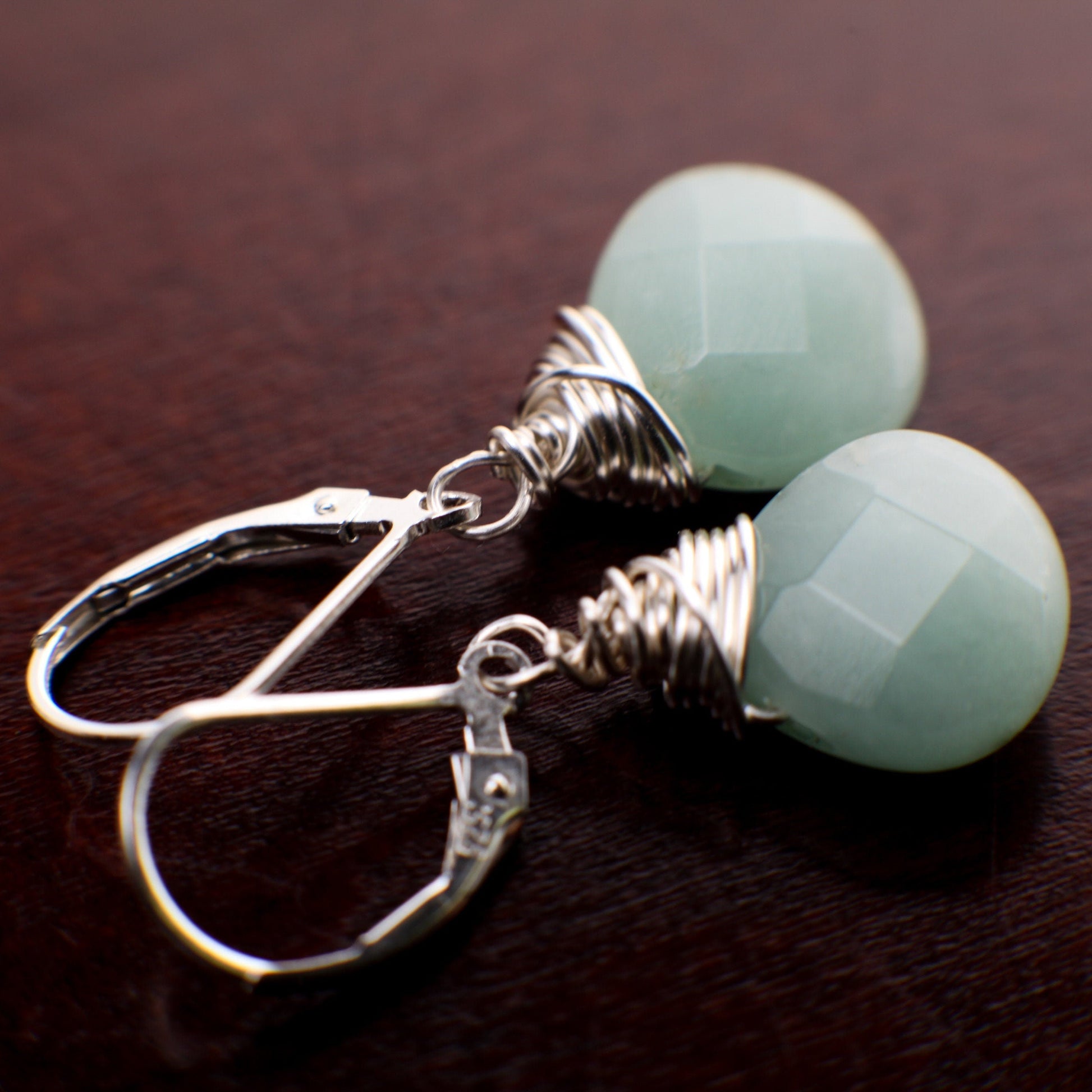 Amazonite Faceted 12mm heart Teardrop Wire Wrapped in Sterling Silver or 14k gold-filled earrings valentines girlfriend Mothers gift